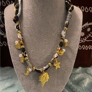 Gold Charm Seashell Boho Necklace with Navy & White Scarf